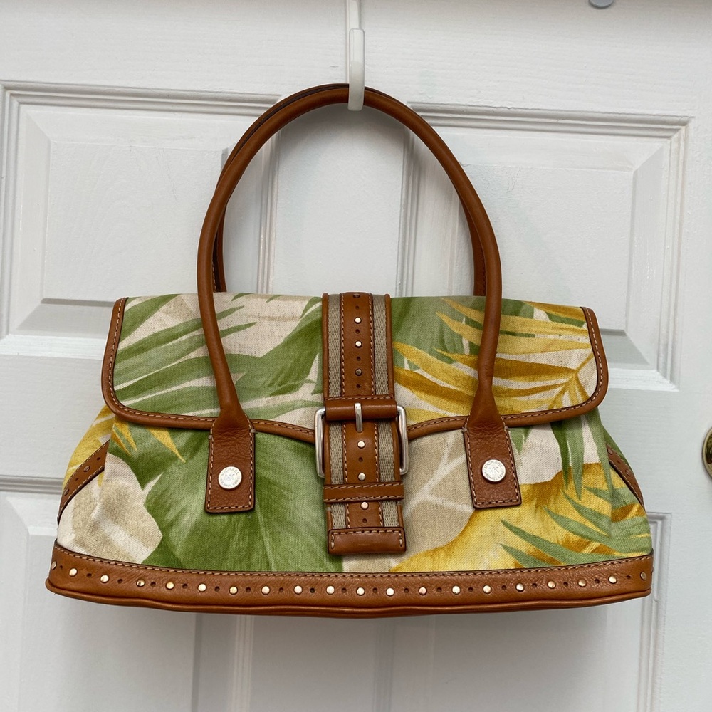Michael Kors Tropical Leaf Canvas Bag with Leather Trim and Snap Closure - Picture 1 of 15